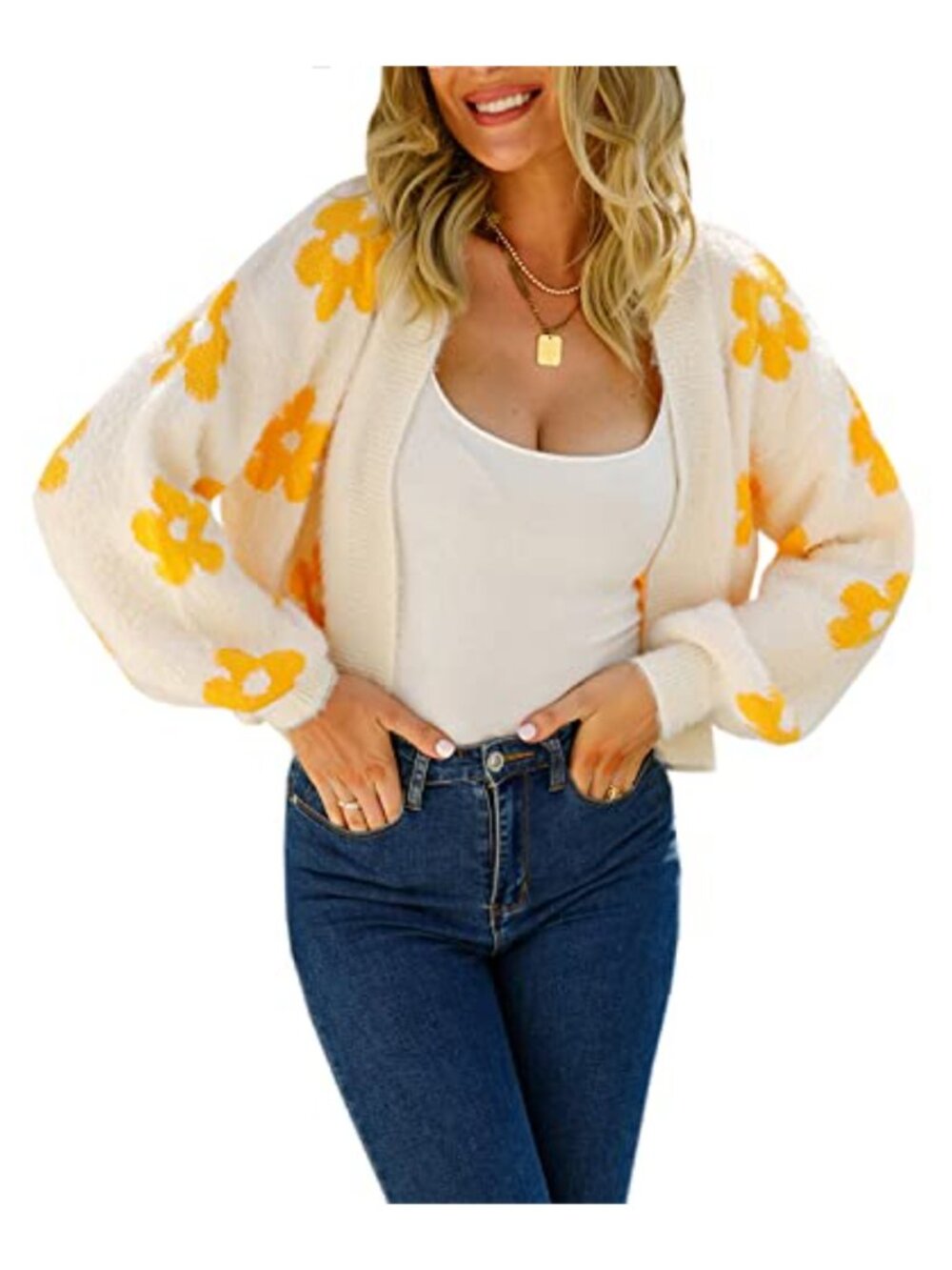 Womens Floral Cropped Cardigan Long Sleeve Open Front Knit Daisy Sweater Y2K